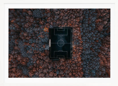 An aerial top-down photograph of a stark black soccer field with white markings, dramatically set in the middle of a dense, colorful forest with blue and rust-colored trees, all enclosed within a silver frame. Wall Art