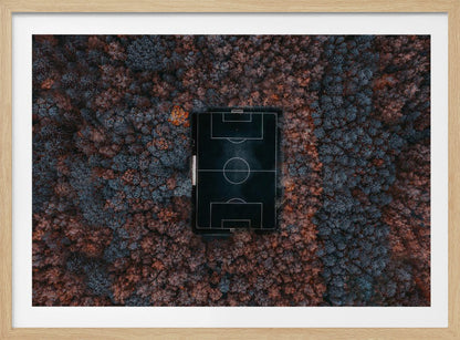 An aerial top-down photograph of a stark black soccer field with white markings, dramatically set in the middle of a dense, colorful forest with blue and rust-colored trees, all enclosed within a silver frame. Wall Art