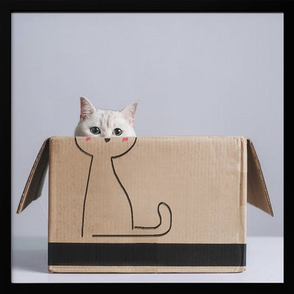 A cute white cat with green eyes peeks out of a cardboard box. The front of the box has a simple black line drawing of a cat's body, making it look as if the real cat's head belongs to the drawing. The image is set against a light gray background and enclosed in a light wood frame. Wall Art