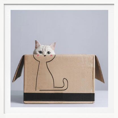 A cute white cat with green eyes peeks out of a cardboard box. The front of the box has a simple black line drawing of a cat's body, making it look as if the real cat's head belongs to the drawing. The image is set against a light gray background and enclosed in a light wood frame. Wall Art