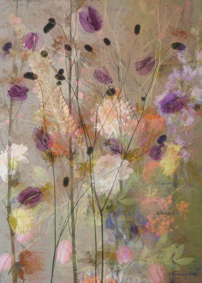 An abstract floral artwork featuring delicate, dark stems with translucent purple petals against a textured, earthy brown background. The composition is layered with soft, blended impressions of wildflowers in shades of pink, orange, yellow, and white, creating a dreamy and ethereal meadow scene. Artwork