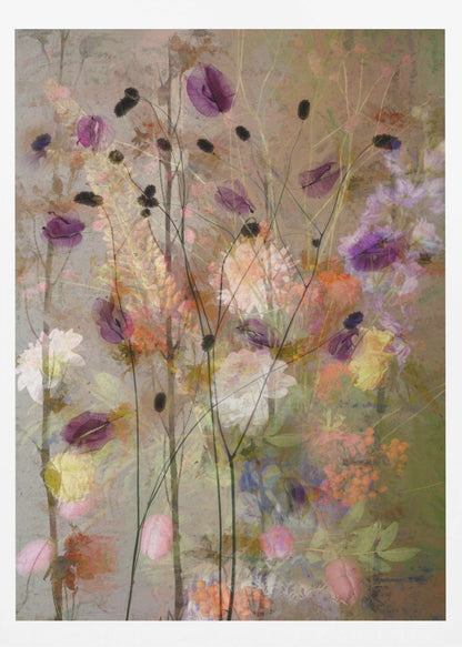 An abstract floral artwork featuring delicate, dark stems with translucent purple petals against a textured, earthy brown background. The composition is layered with soft, blended impressions of wildflowers in shades of pink, orange, yellow, and white, creating a dreamy and ethereal meadow scene. Artwork