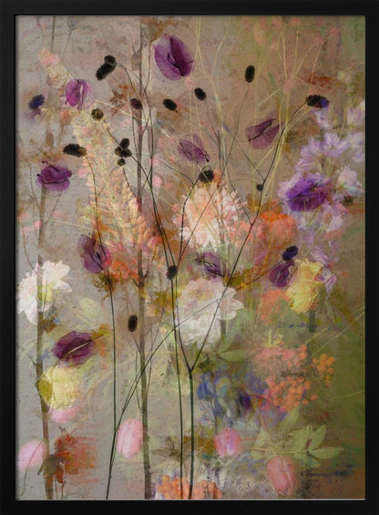 An abstract floral artwork featuring delicate, dark stems with translucent purple petals against a textured, earthy brown background. The composition is layered with soft, blended impressions of wildflowers in shades of pink, orange, yellow, and white, creating a dreamy and ethereal meadow scene. Artwork