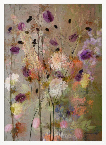 An abstract floral artwork featuring delicate, dark stems with translucent purple petals against a textured, earthy brown background. The composition is layered with soft, blended impressions of wildflowers in shades of pink, orange, yellow, and white, creating a dreamy and ethereal meadow scene. Artwork