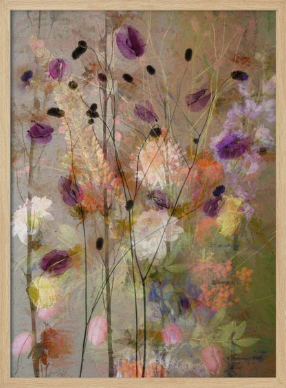 An abstract floral artwork featuring delicate, dark stems with translucent purple petals against a textured, earthy brown background. The composition is layered with soft, blended impressions of wildflowers in shades of pink, orange, yellow, and white, creating a dreamy and ethereal meadow scene. Artwork