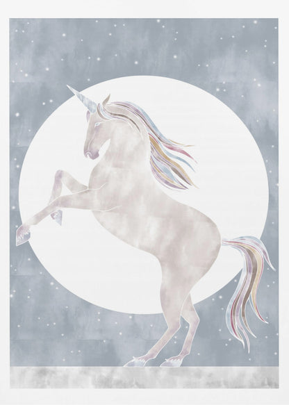 A whimsical illustration of a white unicorn rearing up on its hind legs in front of a large full moon. The unicorn's mane and tail are accented with pastel rainbow colors, set against a dusty blue, star-filled sky. Print