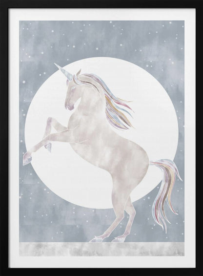 A whimsical illustration of a white unicorn rearing up on its hind legs in front of a large full moon. The unicorn's mane and tail are accented with pastel rainbow colors, set against a dusty blue, star-filled sky. Print