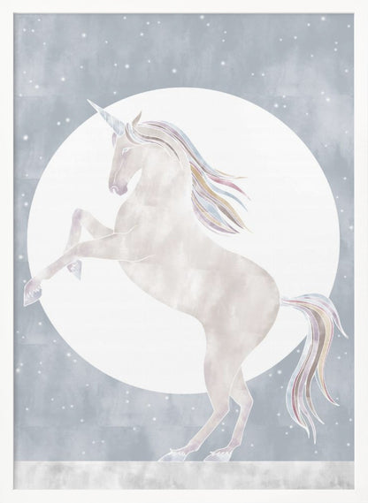A whimsical illustration of a white unicorn rearing up on its hind legs in front of a large full moon. The unicorn's mane and tail are accented with pastel rainbow colors, set against a dusty blue, star-filled sky. Print