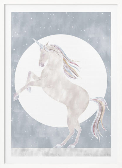 A whimsical illustration of a white unicorn rearing up on its hind legs in front of a large full moon. The unicorn's mane and tail are accented with pastel rainbow colors, set against a dusty blue, star-filled sky. Print