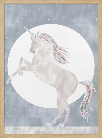 A whimsical illustration of a white unicorn rearing up on its hind legs in front of a large full moon. The unicorn's mane and tail are accented with pastel rainbow colors, set against a dusty blue, star-filled sky. Print