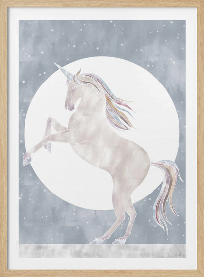 A whimsical illustration of a white unicorn rearing up on its hind legs in front of a large full moon. The unicorn's mane and tail are accented with pastel rainbow colors, set against a dusty blue, star-filled sky. Print