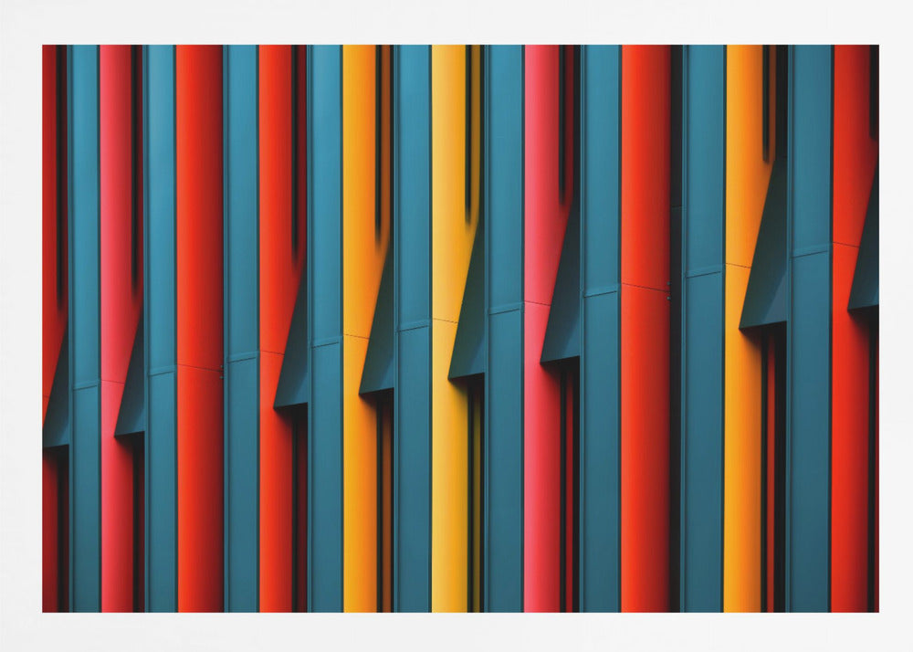 A close-up abstract photograph of a colorful modern building facade, featuring a repeating pattern of vertical fins in vibrant red, teal blue, and yellow-orange, creating a dynamic interplay of light, shadow, and geometric lines, all enclosed in a silver frame. Artwork