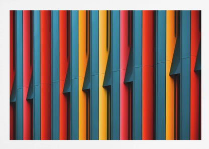 A close-up abstract photograph of a colorful modern building facade, featuring a repeating pattern of vertical fins in vibrant red, teal blue, and yellow-orange, creating a dynamic interplay of light, shadow, and geometric lines, all enclosed in a silver frame. Artwork