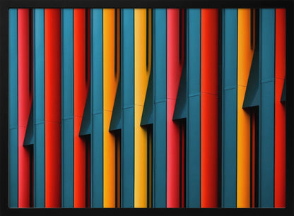 A close-up abstract photograph of a colorful modern building facade, featuring a repeating pattern of vertical fins in vibrant red, teal blue, and yellow-orange, creating a dynamic interplay of light, shadow, and geometric lines, all enclosed in a silver frame. Artwork