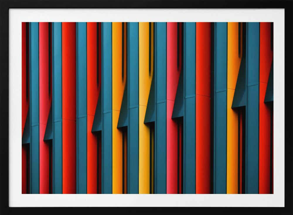 A close-up abstract photograph of a colorful modern building facade, featuring a repeating pattern of vertical fins in vibrant red, teal blue, and yellow-orange, creating a dynamic interplay of light, shadow, and geometric lines, all enclosed in a silver frame. Artwork