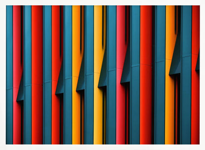 A close-up abstract photograph of a colorful modern building facade, featuring a repeating pattern of vertical fins in vibrant red, teal blue, and yellow-orange, creating a dynamic interplay of light, shadow, and geometric lines, all enclosed in a silver frame. Artwork