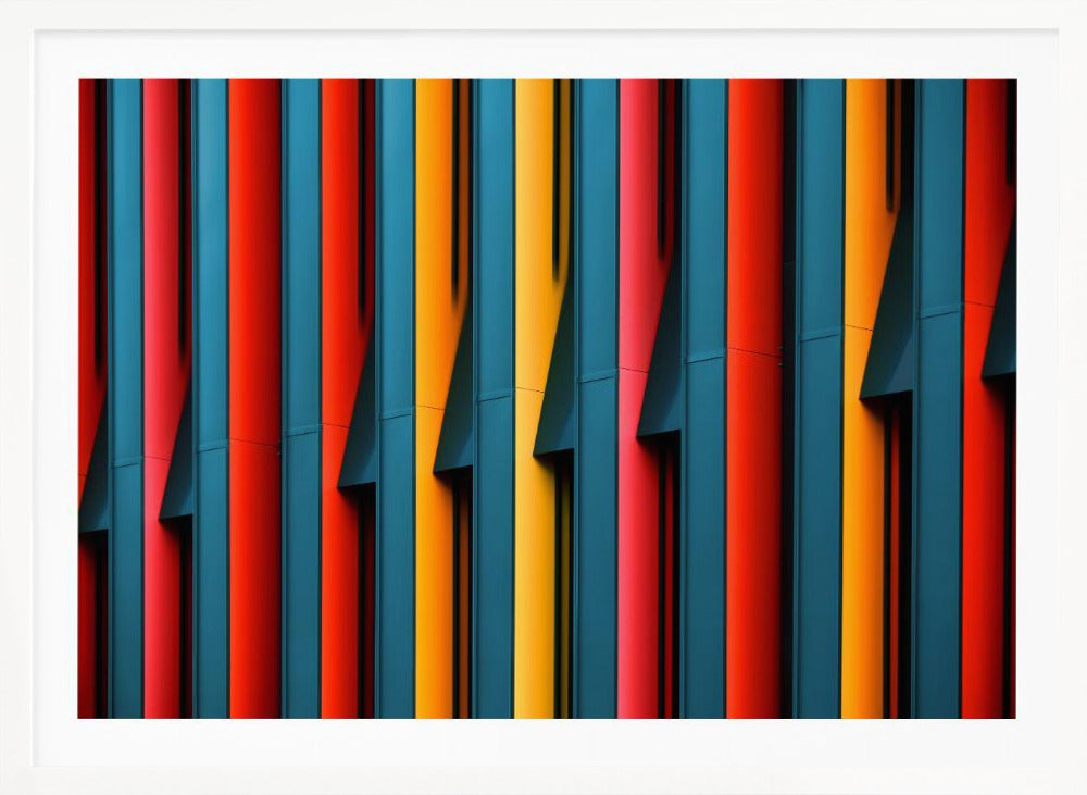 A close-up abstract photograph of a colorful modern building facade, featuring a repeating pattern of vertical fins in vibrant red, teal blue, and yellow-orange, creating a dynamic interplay of light, shadow, and geometric lines, all enclosed in a silver frame. Artwork