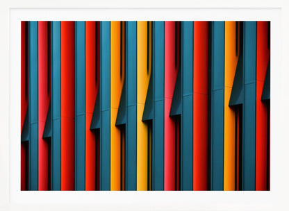 A close-up abstract photograph of a colorful modern building facade, featuring a repeating pattern of vertical fins in vibrant red, teal blue, and yellow-orange, creating a dynamic interplay of light, shadow, and geometric lines, all enclosed in a silver frame. Artwork