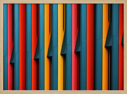 A close-up abstract photograph of a colorful modern building facade, featuring a repeating pattern of vertical fins in vibrant red, teal blue, and yellow-orange, creating a dynamic interplay of light, shadow, and geometric lines, all enclosed in a silver frame. Artwork