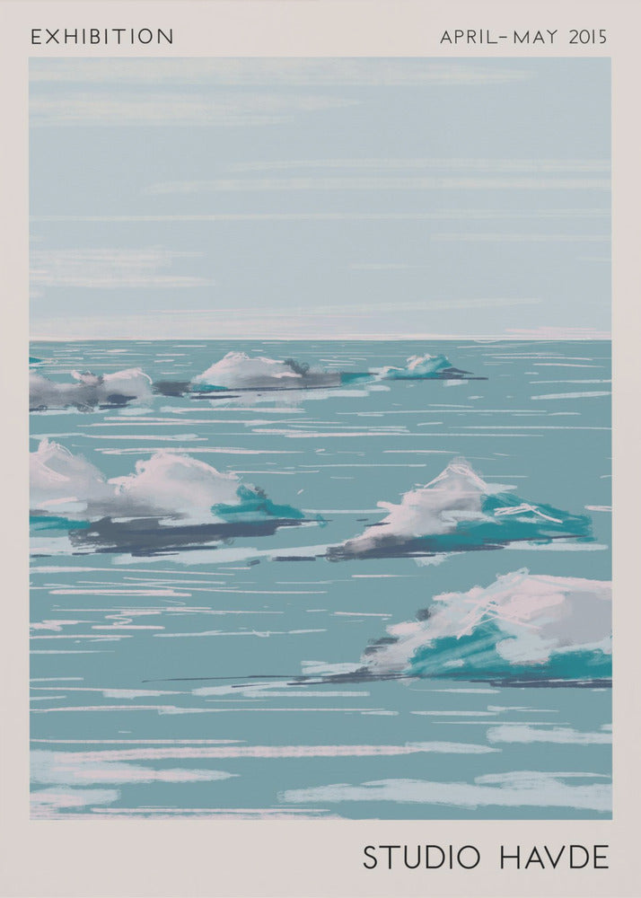 A framed exhibition poster from 'Studio Havde' dated April-May 2015. The artwork is a stylized, painterly seascape featuring white clouds or icebergs floating on a calm, teal-blue ocean under a pale sky. The piece is set within a wide, off-white border and a simple black frame. Wall Art