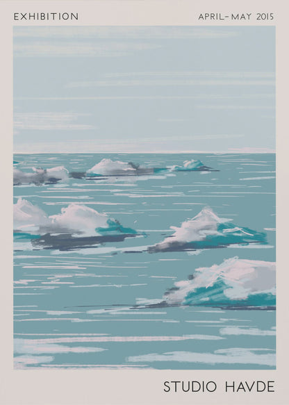 A framed exhibition poster from 'Studio Havde' dated April-May 2015. The artwork is a stylized, painterly seascape featuring white clouds or icebergs floating on a calm, teal-blue ocean under a pale sky. The piece is set within a wide, off-white border and a simple black frame. Wall Art