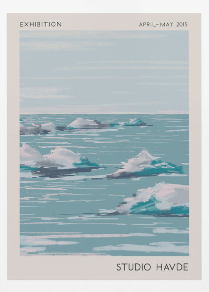 A framed exhibition poster from 'Studio Havde' dated April-May 2015. The artwork is a stylized, painterly seascape featuring white clouds or icebergs floating on a calm, teal-blue ocean under a pale sky. The piece is set within a wide, off-white border and a simple black frame. Wall Art