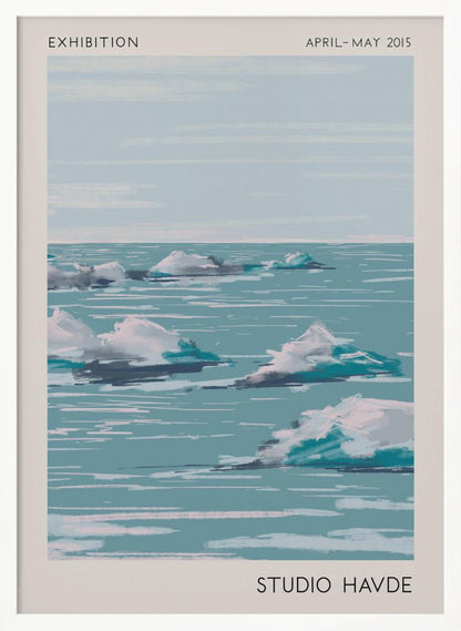 A framed exhibition poster from 'Studio Havde' dated April-May 2015. The artwork is a stylized, painterly seascape featuring white clouds or icebergs floating on a calm, teal-blue ocean under a pale sky. The piece is set within a wide, off-white border and a simple black frame. Wall Art