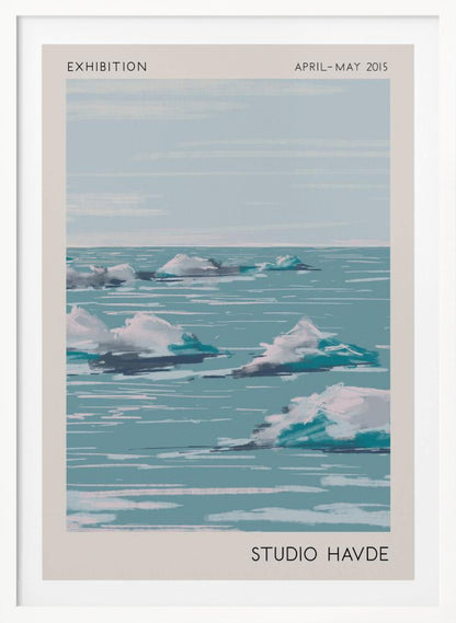 A framed exhibition poster from 'Studio Havde' dated April-May 2015. The artwork is a stylized, painterly seascape featuring white clouds or icebergs floating on a calm, teal-blue ocean under a pale sky. The piece is set within a wide, off-white border and a simple black frame. Wall Art