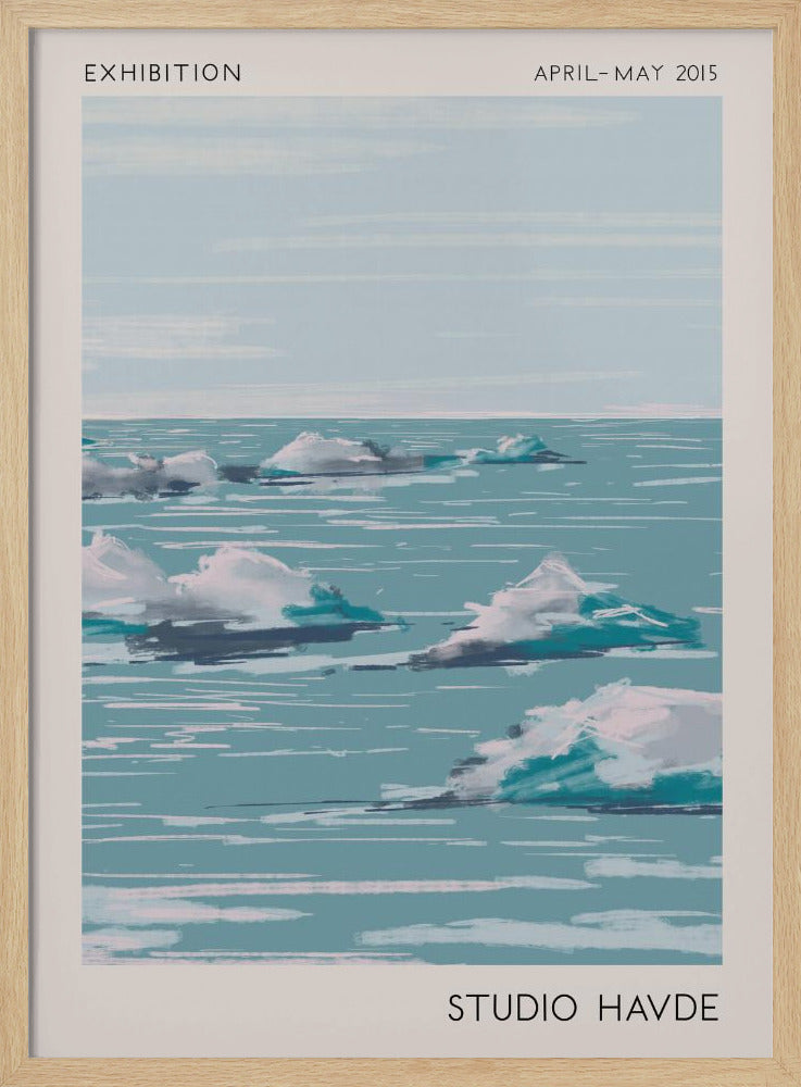 A framed exhibition poster from 'Studio Havde' dated April-May 2015. The artwork is a stylized, painterly seascape featuring white clouds or icebergs floating on a calm, teal-blue ocean under a pale sky. The piece is set within a wide, off-white border and a simple black frame. Wall Art