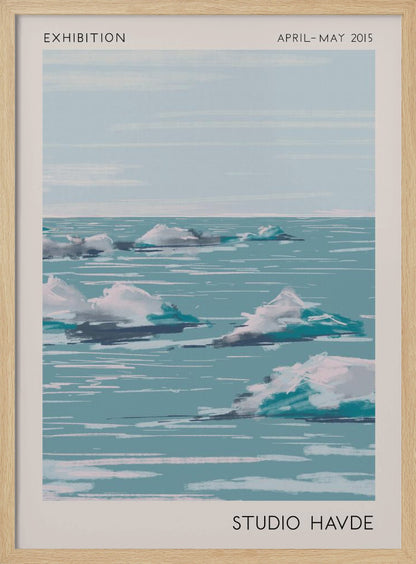 A framed exhibition poster from 'Studio Havde' dated April-May 2015. The artwork is a stylized, painterly seascape featuring white clouds or icebergs floating on a calm, teal-blue ocean under a pale sky. The piece is set within a wide, off-white border and a simple black frame. Wall Art