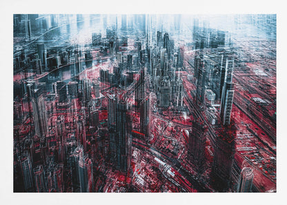 An abstract, digitally manipulated aerial photograph of a dense, futuristic cityscape. The image features towering skyscrapers in cool blue and dark gray tones, while the streets and ground below are saturated in a vibrant, contrasting red. The artwork has a glitchy, multi-exposure effect, creating a sense of dynamic chaos, and is enclosed in a silver frame. Artwork