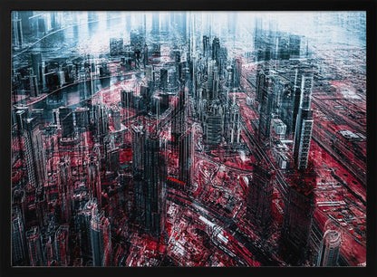 An abstract, digitally manipulated aerial photograph of a dense, futuristic cityscape. The image features towering skyscrapers in cool blue and dark gray tones, while the streets and ground below are saturated in a vibrant, contrasting red. The artwork has a glitchy, multi-exposure effect, creating a sense of dynamic chaos, and is enclosed in a silver frame. Artwork
