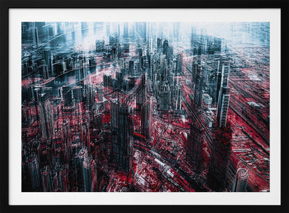 An abstract, digitally manipulated aerial photograph of a dense, futuristic cityscape. The image features towering skyscrapers in cool blue and dark gray tones, while the streets and ground below are saturated in a vibrant, contrasting red. The artwork has a glitchy, multi-exposure effect, creating a sense of dynamic chaos, and is enclosed in a silver frame. Artwork