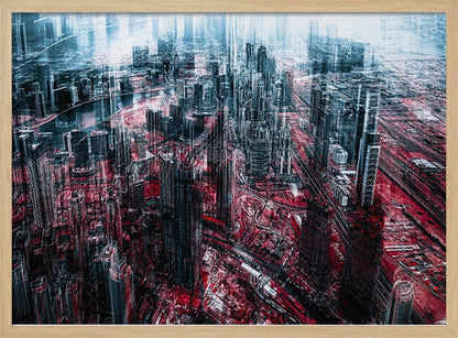 An abstract, digitally manipulated aerial photograph of a dense, futuristic cityscape. The image features towering skyscrapers in cool blue and dark gray tones, while the streets and ground below are saturated in a vibrant, contrasting red. The artwork has a glitchy, multi-exposure effect, creating a sense of dynamic chaos, and is enclosed in a silver frame. Artwork
