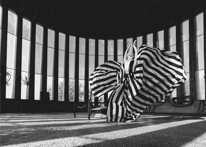 A dramatic black and white photograph of a woman in a voluminous, horizontally striped dress, captured mid-motion with the fabric swirling around her. She stands in a sunlit, circular room with tall, slatted windows that cast long shadows across the floor. Her arms are raised gracefully above her head, creating a striking and artistic pose. Artwork