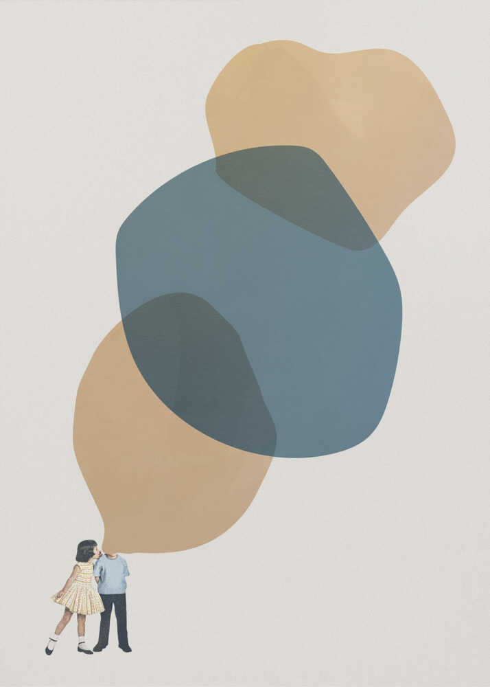 Abstract art with a vintage collage of a kissing couple below large, overlapping blue and beige shapes.