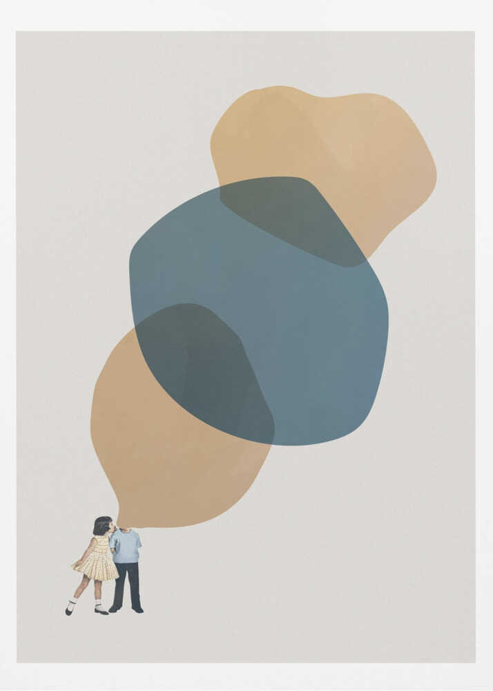 Abstract art with a vintage collage of a kissing couple below large, overlapping blue and beige shapes.