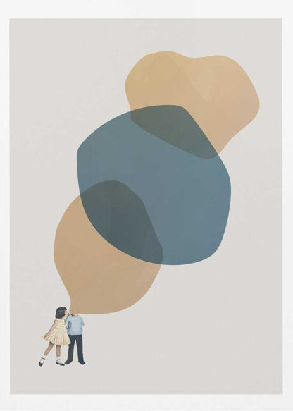 Abstract art with a vintage collage of a kissing couple below large, overlapping blue and beige shapes.