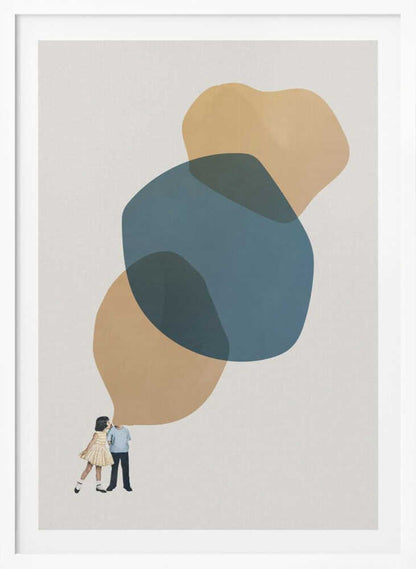 Abstract art with a vintage collage of a kissing couple below large, overlapping blue and beige shapes.
