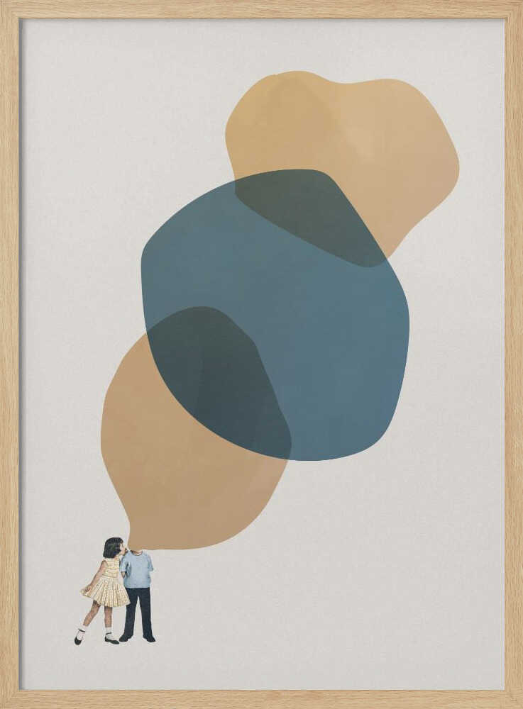 Abstract art with a vintage collage of a kissing couple below large, overlapping blue and beige shapes.