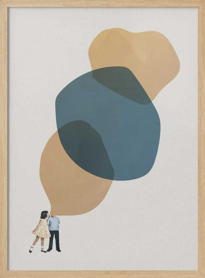 Abstract art with a vintage collage of a kissing couple below large, overlapping blue and beige shapes.