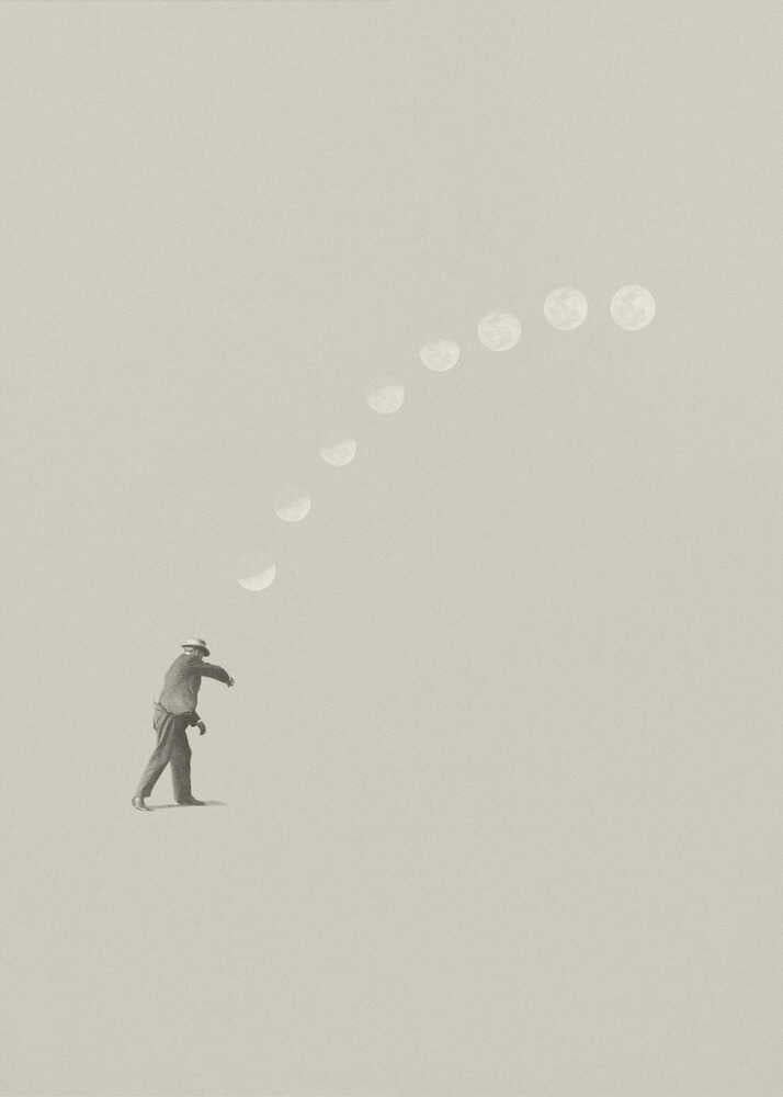 A man tosses the phases of the moon into the sky in a surreal, minimalist art piece.