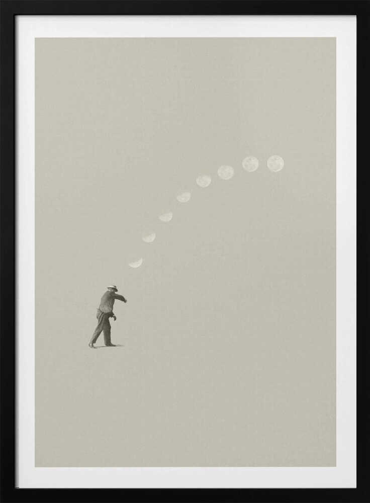 A man tosses the phases of the moon into the sky in a surreal, minimalist art piece.