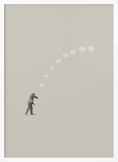 A man tosses the phases of the moon into the sky in a surreal, minimalist art piece.