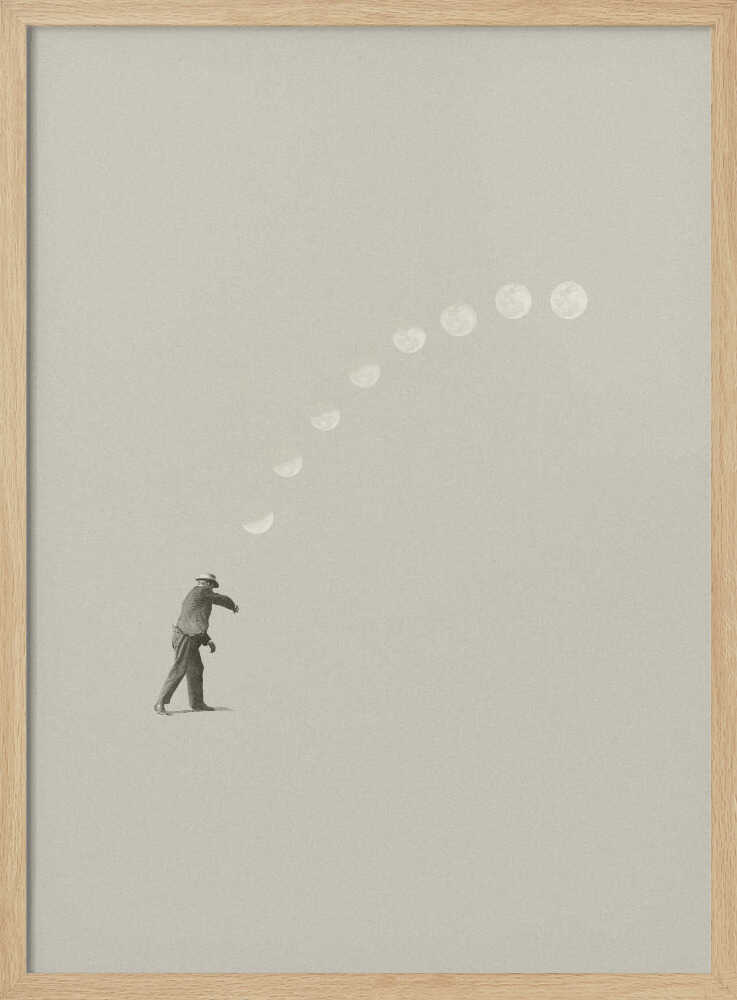 A man tosses the phases of the moon into the sky in a surreal, minimalist art piece.