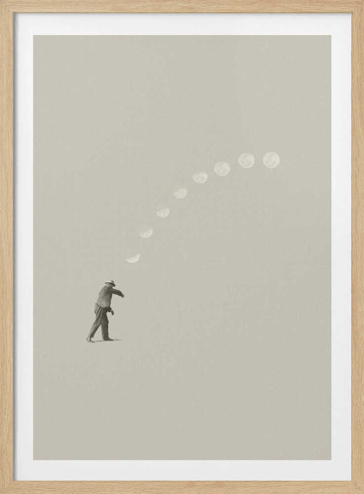 A man tosses the phases of the moon into the sky in a surreal, minimalist art piece.