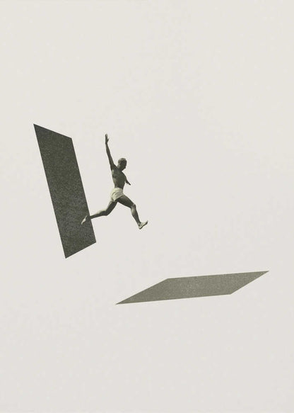 Vintage black and white collage of a person leaping between two geometric shapes.