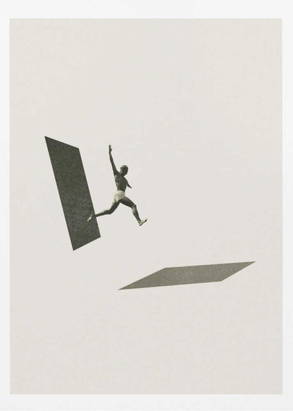 Vintage black and white collage of a person leaping between two geometric shapes.