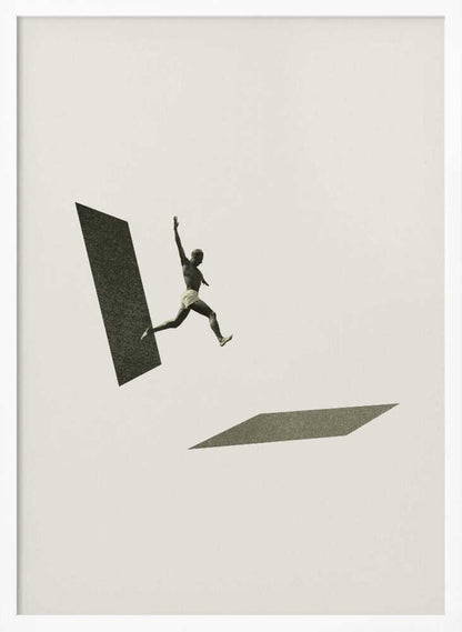Vintage black and white collage of a person leaping between two geometric shapes.