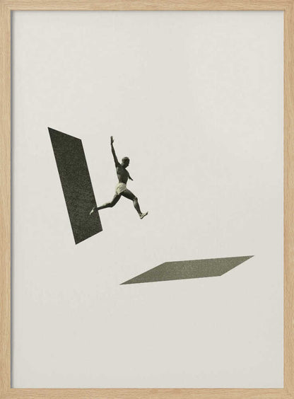 Vintage black and white collage of a person leaping between two geometric shapes.